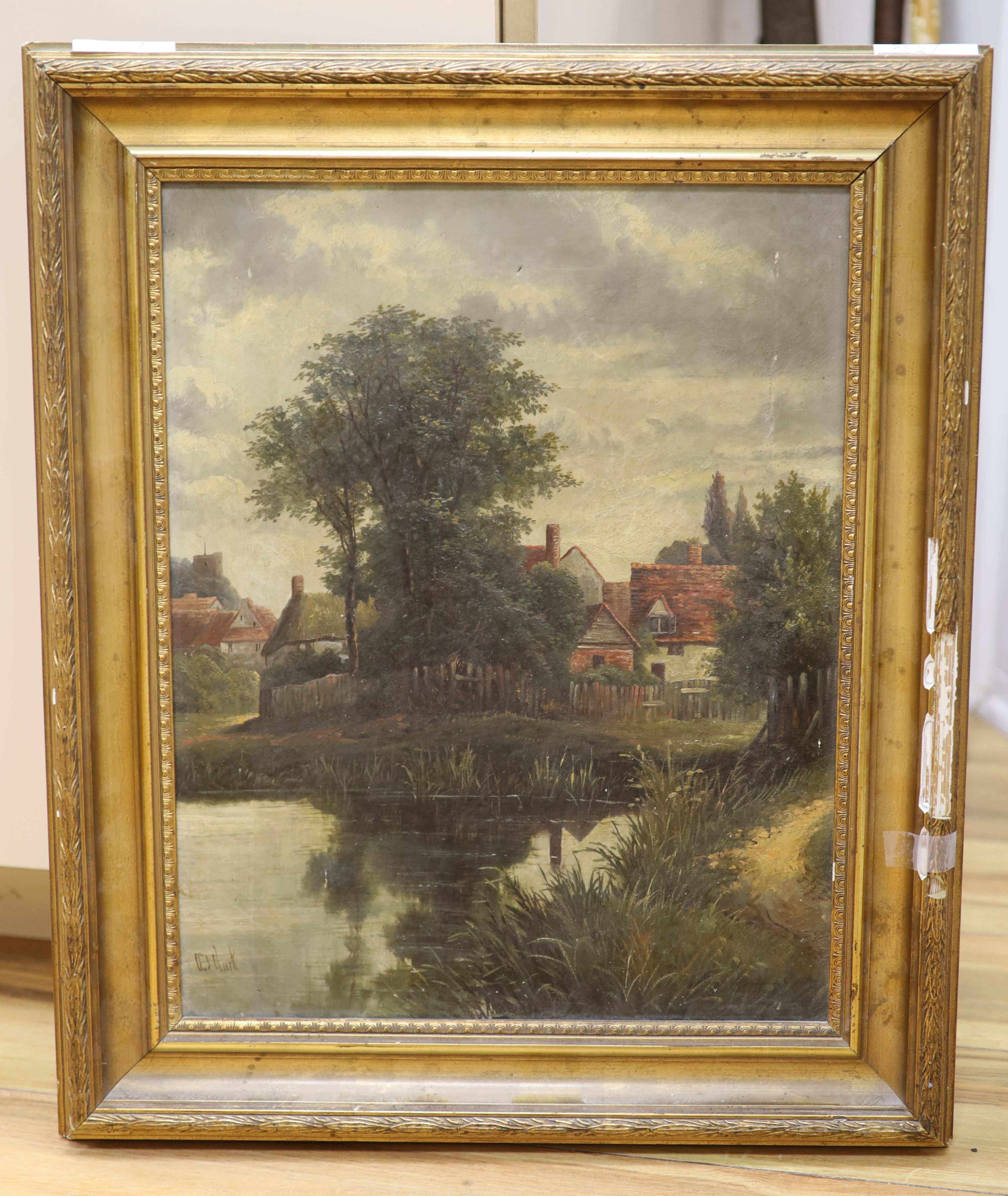Octavius Thomas Clark (1850-1921), oil on canvas, Waterside houses, signed, 44 x 35cm